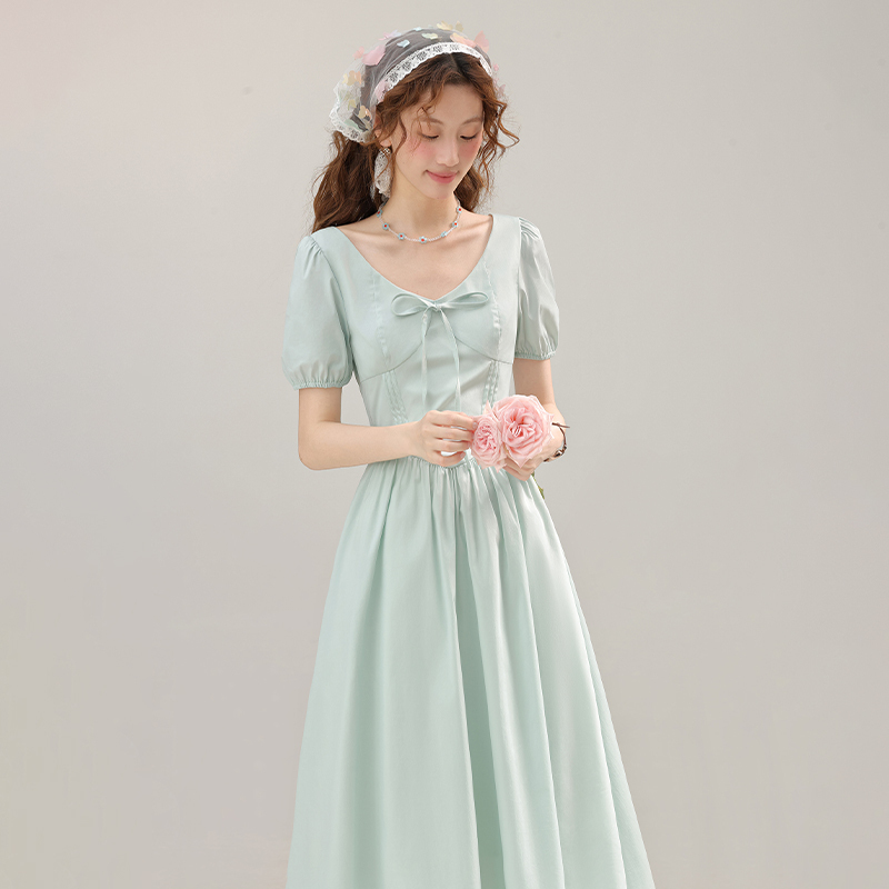 3inch Lotus Root [Mint Milk Green] Gentle Temperament Green V Neck Dress Women's Unique and Beautiful Waist Skirt