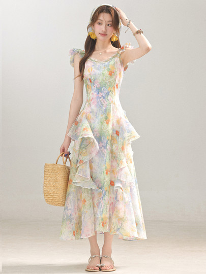 3inch Lotus [Blooming Sea of Flowers] French-Style Stunning Oil Painting Floral Dress, New Summer Vacation Style Long Dress