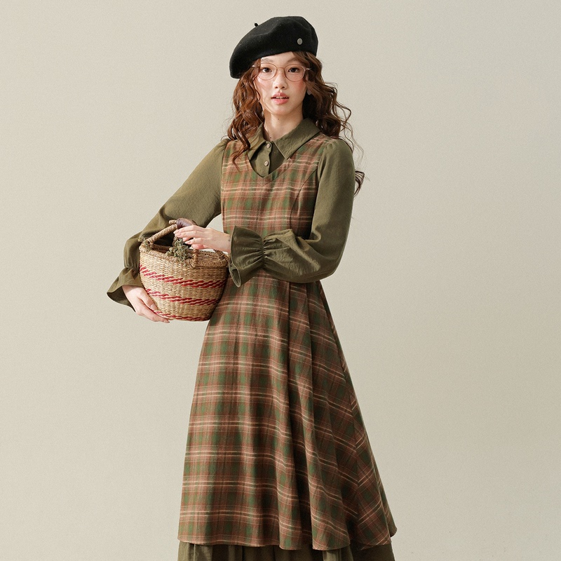 3inch Lotus [Pinecone Forest] College Style Retro Plaid Dress Women's Long Sleeve Fake Two-Piece Green Mid-Length Dress
