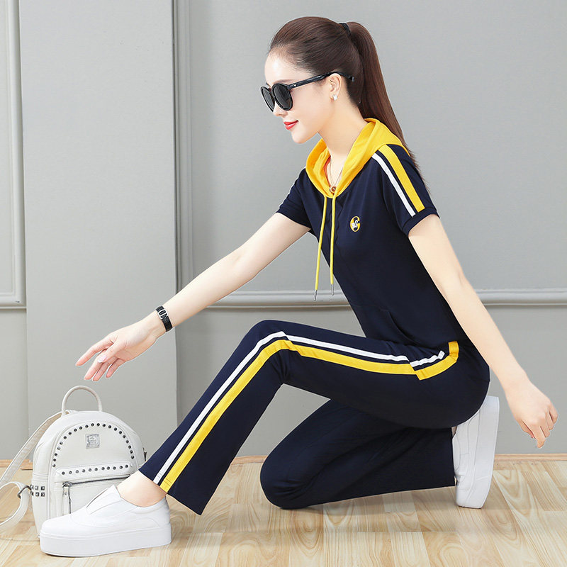 Sportswear suit women's summer fashion casual two-piece hooded short-sleeved T-shirt ice silk running clothes cotton summer clothes