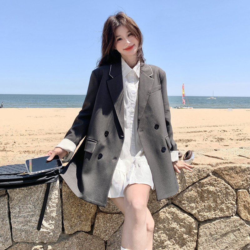 Gray Patchwork High-End Suit Jacket for Women, Super Popular 2026 New Model, Spring and Autumn Korean Style, Elegant Casual Professional Blazer