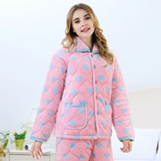 Đồ ngủ nữ mùa đông ba lớp dày bông nữ san hô lông cừu flannel mùa thu và mùa đông ấm áp bên ngoài mặc dịch vụ