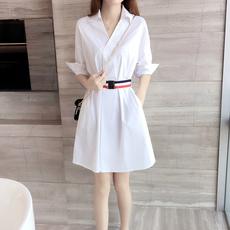 Phụ nữ mới mùa xuân và mùa hè 2021 phiên bản Hàn Quốc của váy áo sơ mi trắng cổ chữ V tính khí chuyên nghiệp váy eo thon gọn - váy đầm