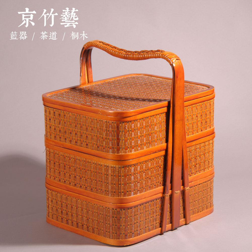 Three-layer bamboo woven food delivery basket Hotel delivery portable gift basket Food box Worship ancestor sacrifice picnic basket