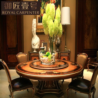 Royal Craftsman No. 1 European Neoclassical Furniture Solid Wood Carved Champagne Silver Dining Table for 6 People Small Round Table with Turntable