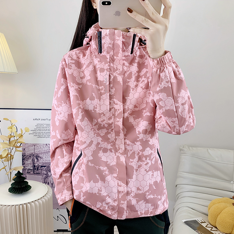 Outdoor Jacket Women's Earth Grid Print Spring and Autumn Windproof Waterproof Single Layer Warm Thin Fleece Sports Jacket