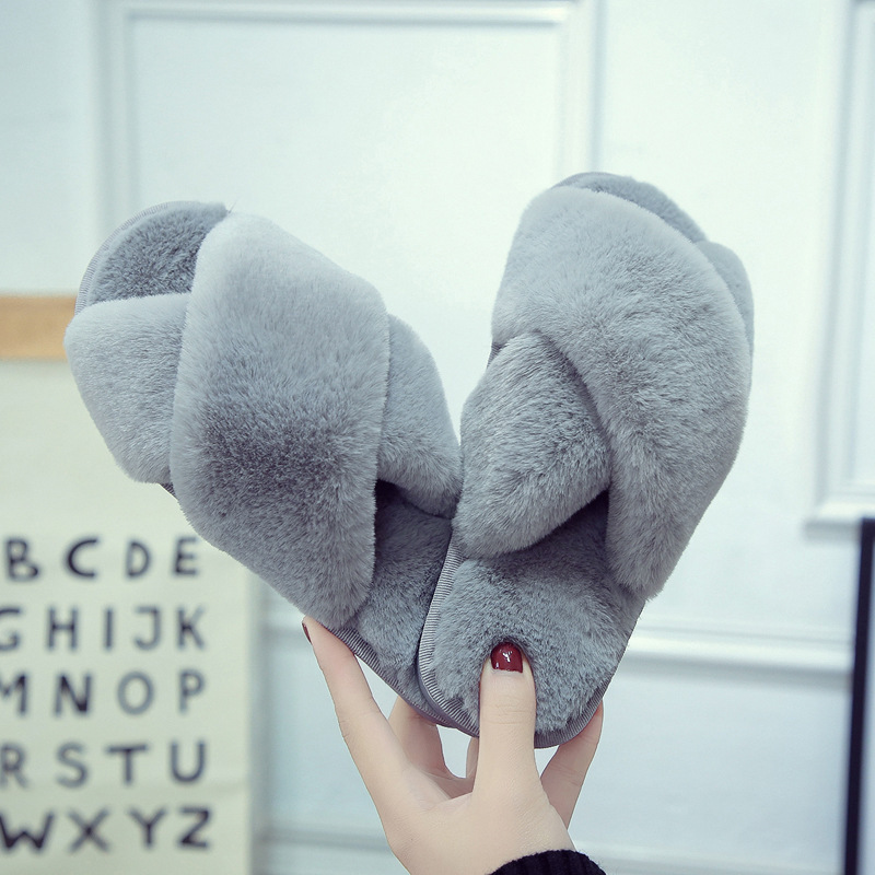 Cross-Border Trade Amazon Large Size Cross-Furry Slippers for Women Autumn and Winter Home Floor Slippers Open-Toe Cotton Slippers