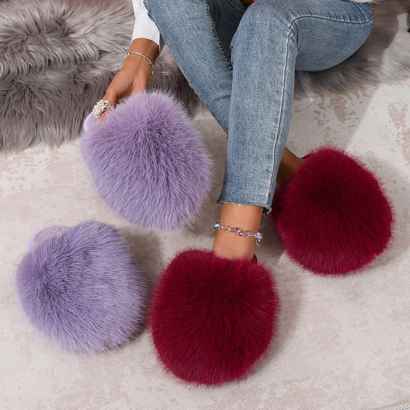 Cross-Border Amazon Large Size Solid Color Fluffy Big Fur Slippers Winter Closed-Toe Home Warm Cotton Slippers