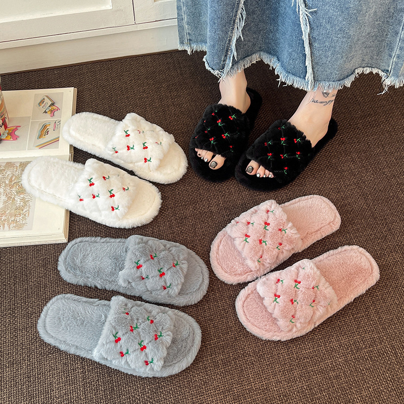 Cross-Border Amazon Cherry Cotton Slippers for Women, Autumn and Winter Warm Home Indoor Furry Slippers, Women's Home Slippers