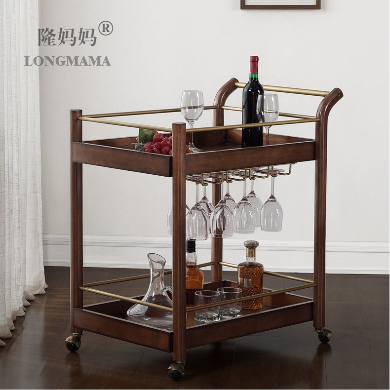Hot pot shop beverage Solid wood dining car Wrought iron mobile trolley Hotel drinks commercial removable tea cup string car