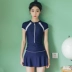 Đồ bơi nữ bảo thủ ba mảnh thể thao Bể bơi Hàn Quốc che bụng ngắn tay nữ sinh viên chia váy kiểu phẳng góc bikini 2 mảnh màu đỏ Bộ đồ bơi hai mảnh