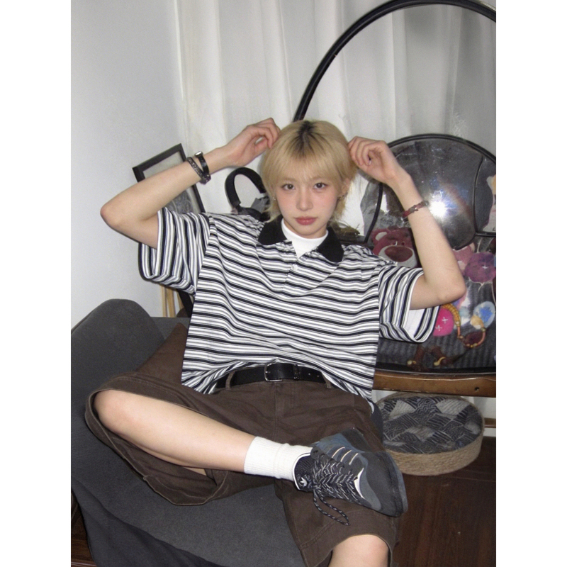 Japanese Retro Striped Polo Shirt for Men and Women, Versatile Loose Fit, College Style, ins Casual Y2K Summer Short-Sleeve T-Shirt