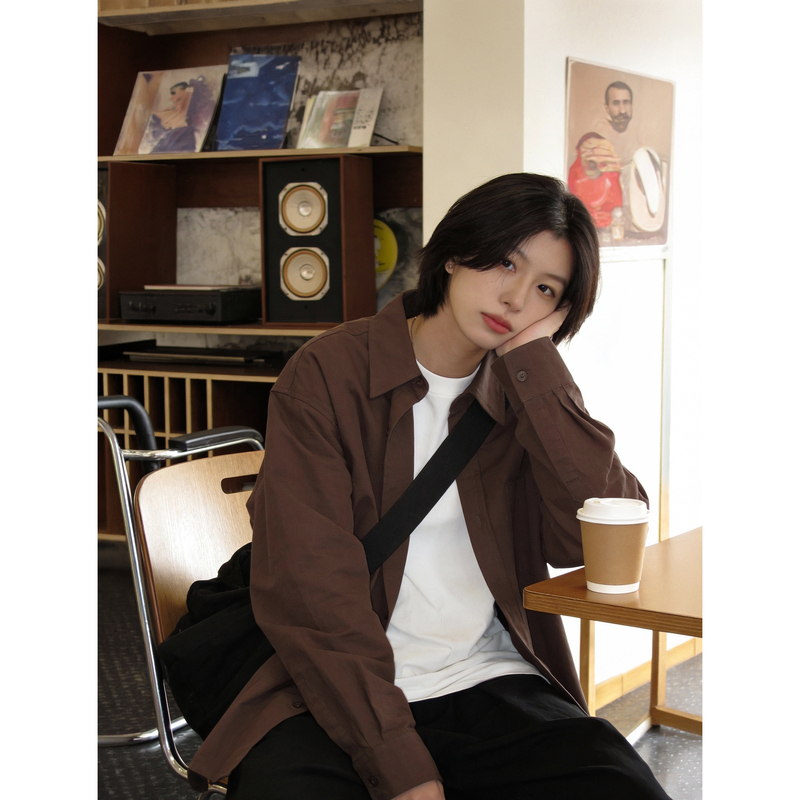 Minimalist Style Brown Long-Sleeved Shirt for Men, Loose Retro Simple Casual Work Clothing Unisex Shirt for Women, Spring Jacket Minimalist Style Brown Long-Sleeved Shirt for Men, Loose Retro Simple Casual Work Clothing Unisex Shirt for Women, Spring Jacket