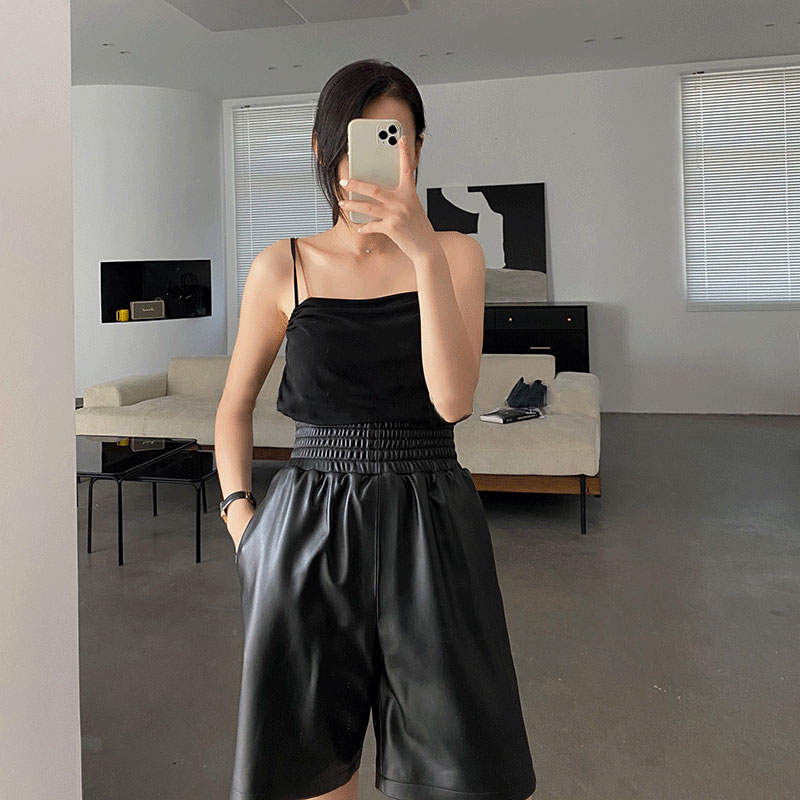 2020 Spring and Autumn New B*V Sheep Leather High Waist Wide Leg Pants Casual Shorts Women's Half Leather Pants Leather Pants