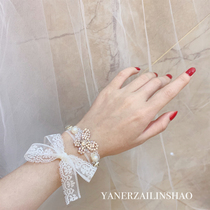 White Jade Butterfly exquisite lace Crystal pearl bow Wedding bride bridesmaid sister group annual wrist flower