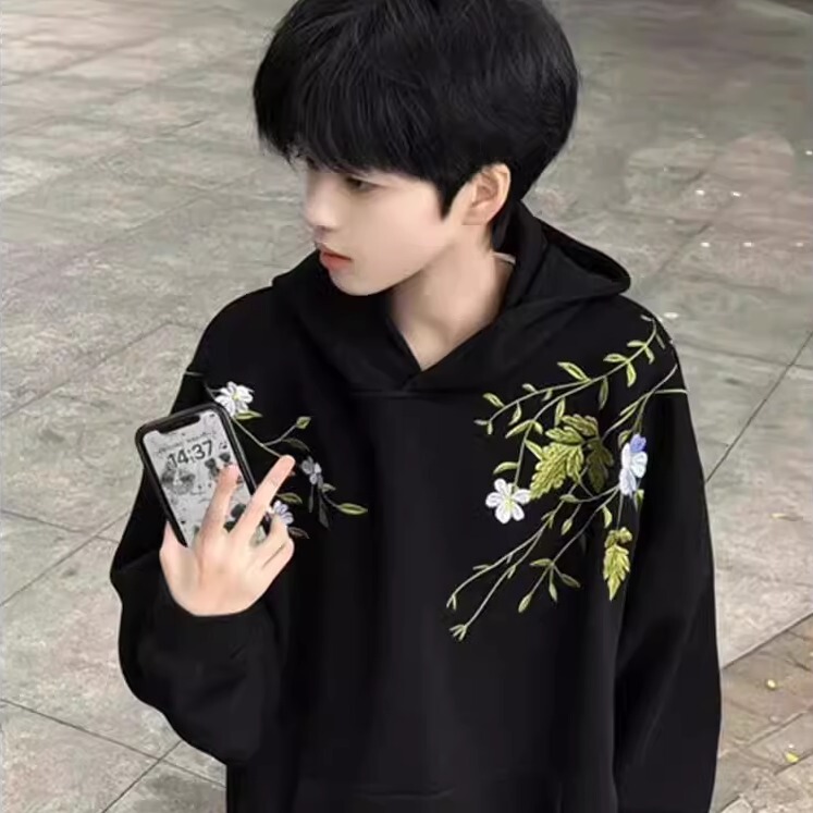 American-Style National Trend Brand Floral Embroidered Hooded Sweatshirt for Men, Autumn and Winter Loose Casual Versatile Design Hoodie Jacket