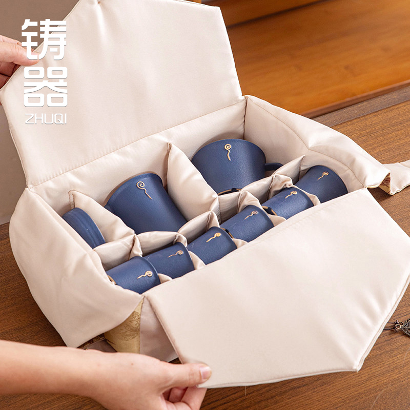 Vintage Cotton and Linen Thickened One Pot, One Sea (Referring to a Large Container), Six Cups Tea Set Storage Bag, Portable Travel Tea Cup Set Bag with Compartments for Organization