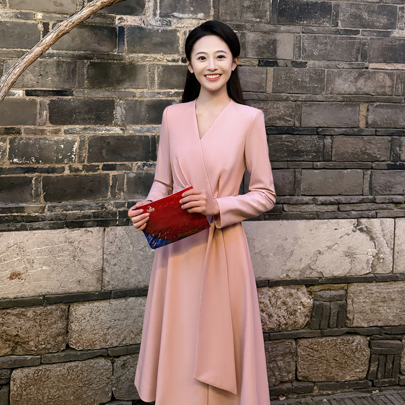 Faxiaoman Pink Broadcasting Arts Exam Candidate Speech Contest Outfit, Feminine Belt Suit Dress, Host Formal Attire