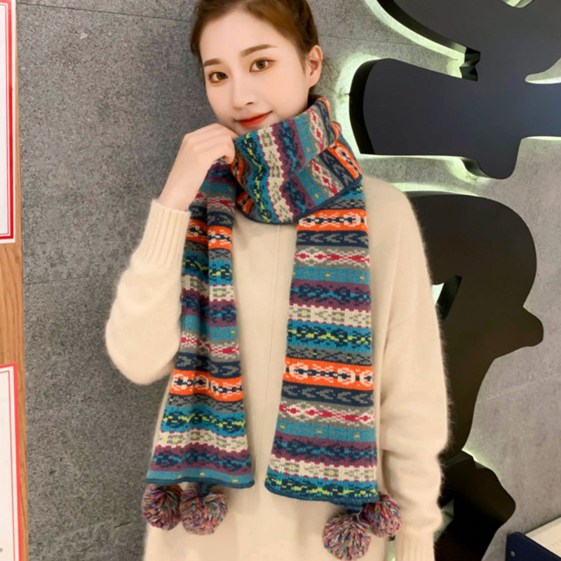 Bohemian Pom-Pom Scarf for Women, Autumn and Winter Thickened Soft Knit Scarf for Students, Ethnic Style Neck Warmer