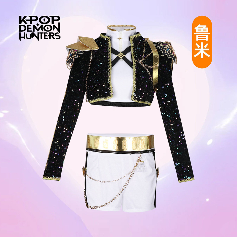 Hunter Girl Group Cosplay Costume Sequined Black Gold Rumi Milazzo Cosplay Korean Female Star Stage Outfit in Stock Hunter Girl Group Cosplay Costume Sequined Black Gold Rumi Milazzo Cosplay Korean Female Star Stage Outfit in Stock