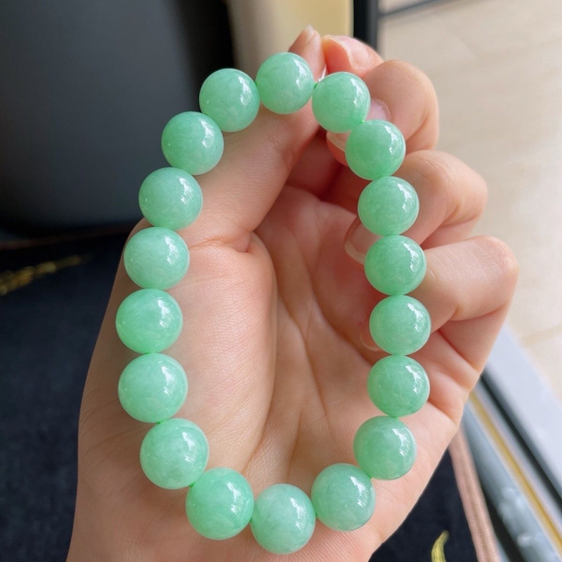 Natural Jade Ice-Like Full Green Full-Color Fruit Green Round Bead Bracelet Green Jade Clear Water Green Ice Type Bracelet