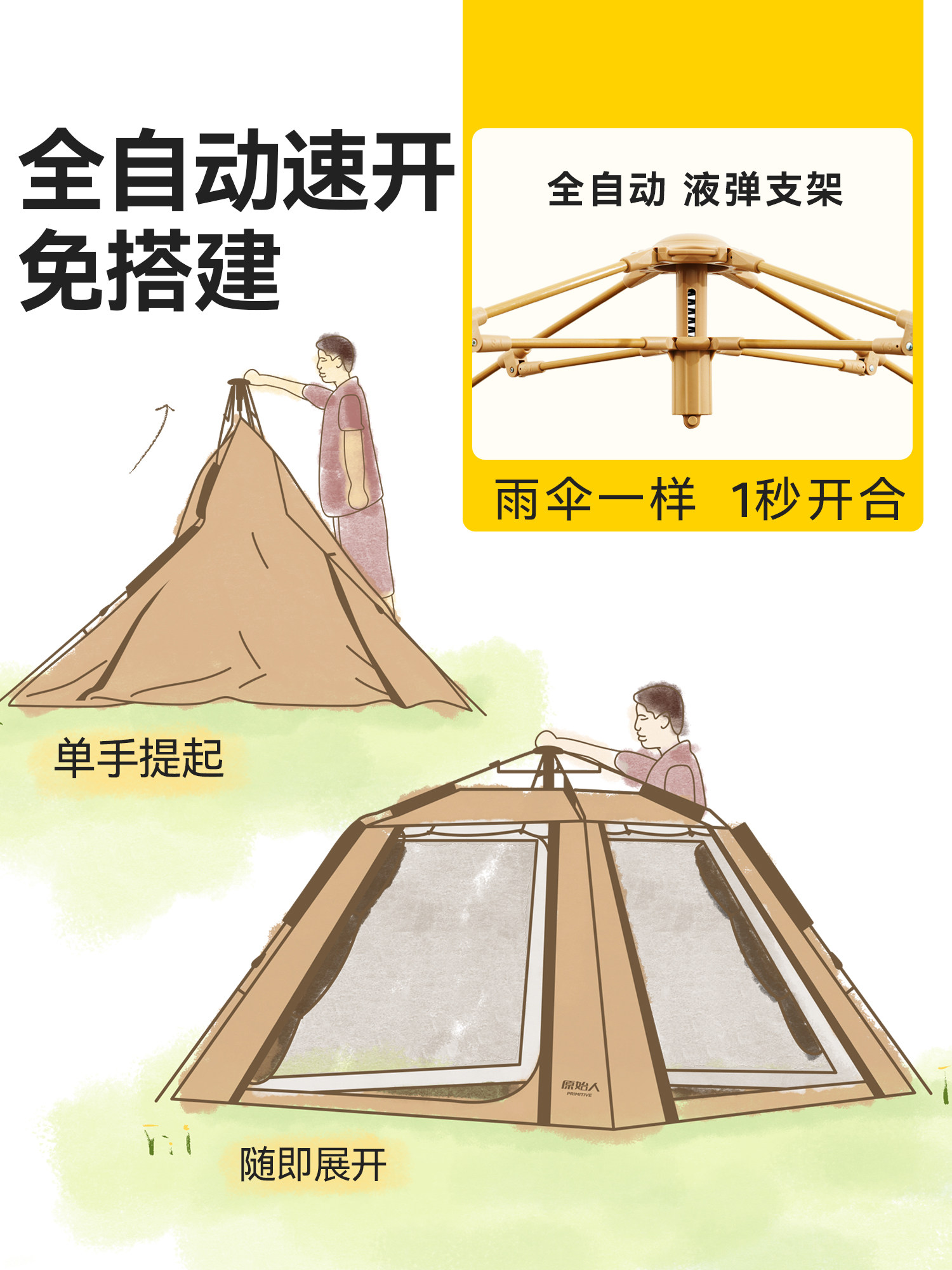 Primitive Tent Outdoor Portable Folding Automatic Camping Equipment Full Set for Overnight Camping Thickened and Rainproof