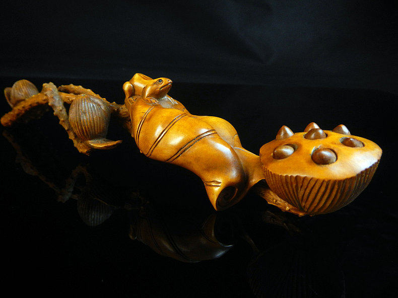 黄杨木雕刻件工艺品青蛙莲蓬如意笔架 手工雕琢珍藏品摆件