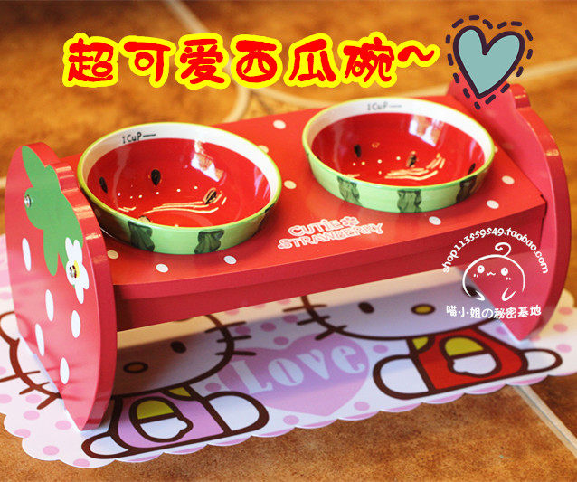 Cute watermelon dog food pot strawberry orange pet high table dog dog ceramic bowl solid wood bowl rack pet supplies