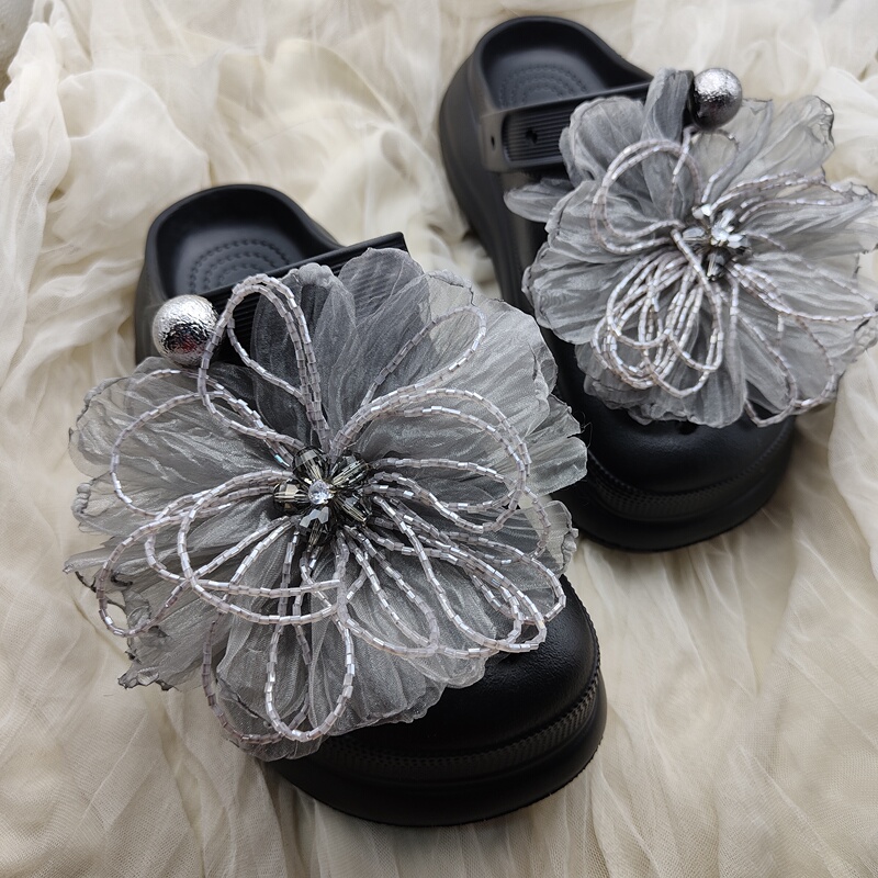 [Moonlight Silver Frost] Suitable for Crocs Black Hole Shoes, Flower Shoes, High-Quality Cloth Flower Buckle Accessories DIY
