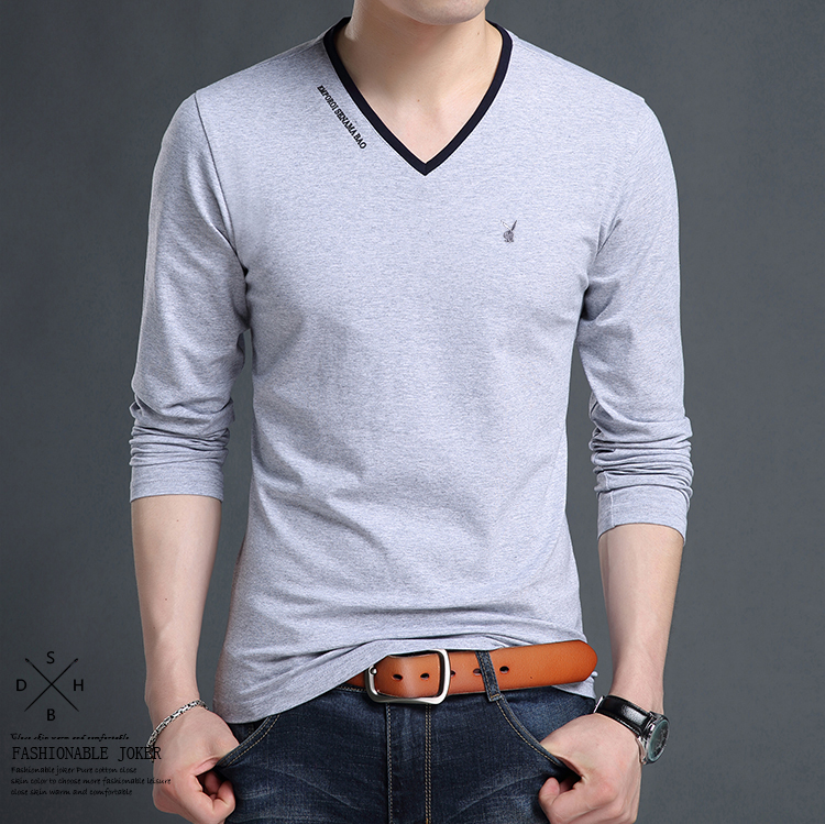 Playboy Mùa thu Thanh niên nam Áo thun cotton dài tay Áo thun nam cổ chữ V áo thun nam cao cấp