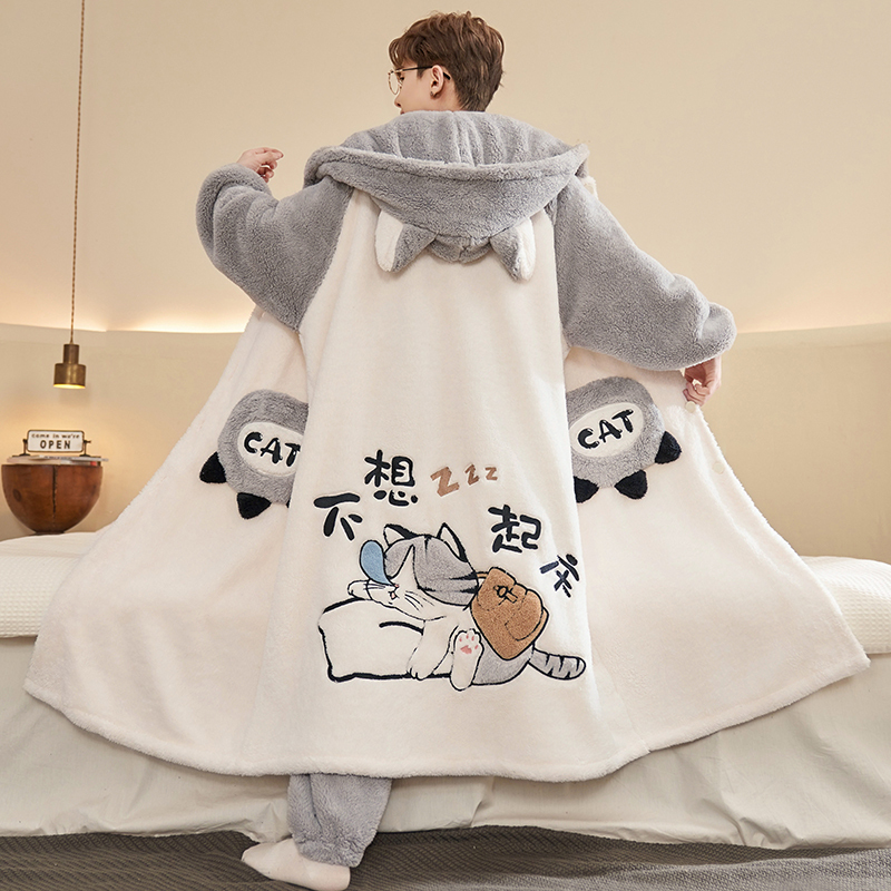 2025 Autumn/Winter Men's Pajamas Cartoon Thickened Coral Fleece Large Size Hooded Fleece Bathrobe Can Be Worn Outside as Loungewear 2025 Autumn/Winter Men's Pajamas Cartoon Thickened Coral Fleece Large Size Hooded Fleece Bathrobe Can Be Worn Outside as Loungewear