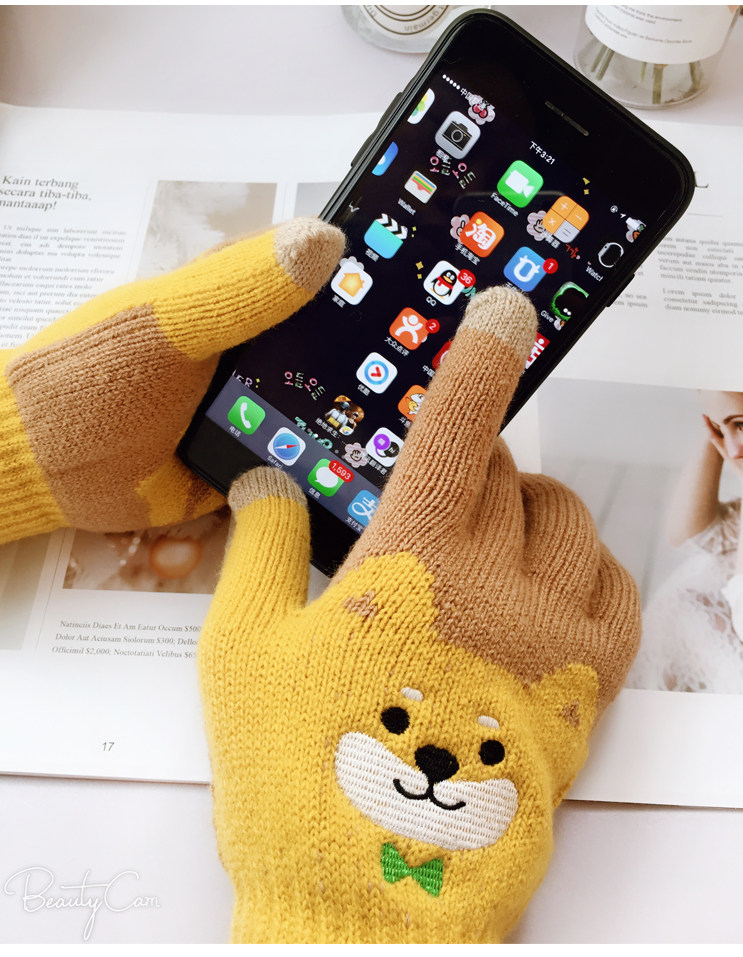 2 pairs of Japanese Akita dog cartoon touch screen gloves thicken hair - hair gloves for men and women couples