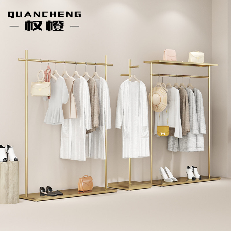 Net red clothing store display stand floor-to-ceiling stainless steel titanium alloy hanging clothes rack light luxury modern women's clothing store shelf