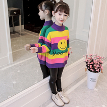 2021 Girls sweater spring and autumn top Middle and large childrens Western style thin base shirt Girl smiley face knitted line shirt