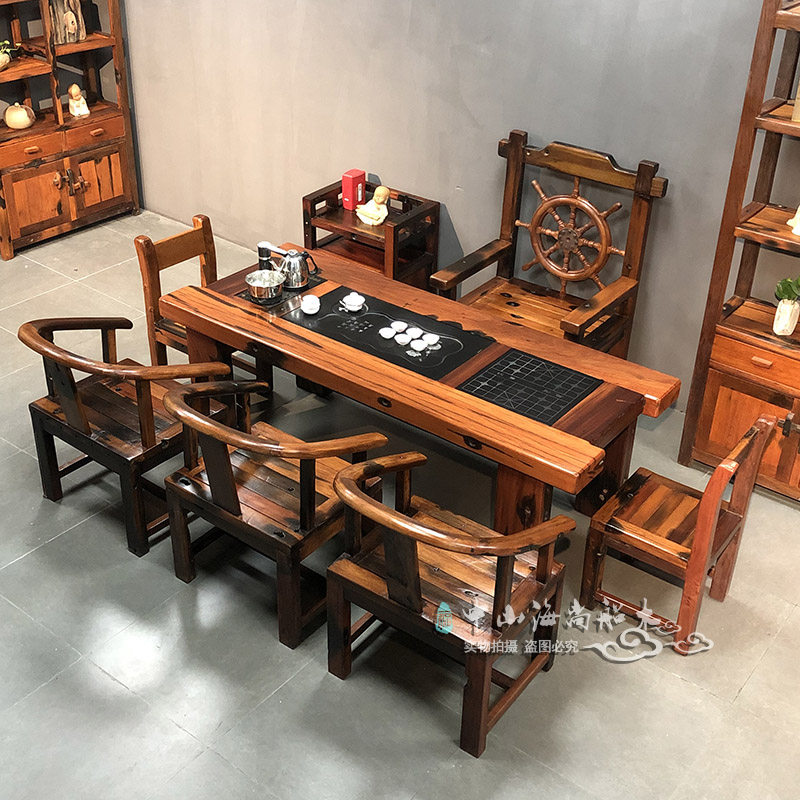 Old ship wooden tea table and chair combination shipwreck wooden tea table old ship wooden Kung Fu tea table solid wood furniture tea set set