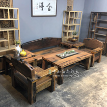 Old boat wood sofa chair combined Chinese solid wood furniture villa living room imitation ancient original eco log extravagant six pieces
