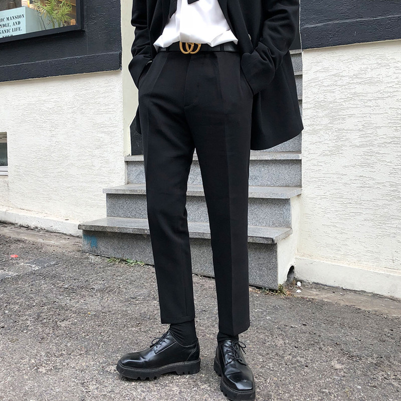 2021 new summer drop feeling small trousers men straight loose trendy Korean version all-match black casual nine-point pants