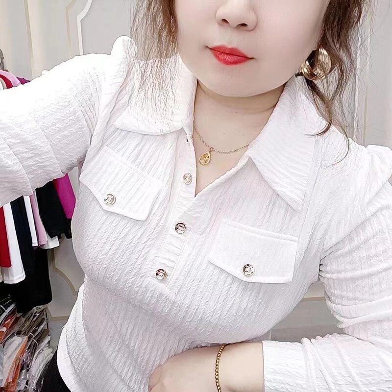 European-Style Fashionable Collared Shirt for Women, Pleated Polo Collar Top, Spring and Autumn Long-Sleeved T-Shirt, Slim and Stylish Base Shirt