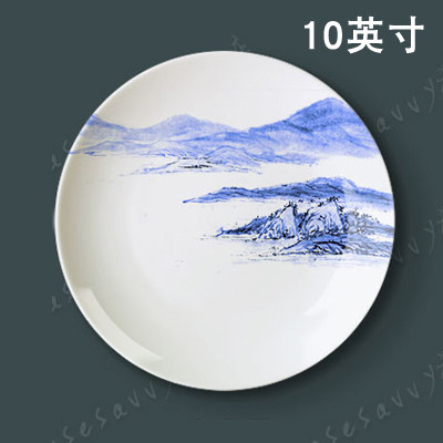 10-inch water-ink landscape green flower porcelain disc New Chinese style dining room Dining Room Wall wall Decorative Hanging Disc Craft Swing