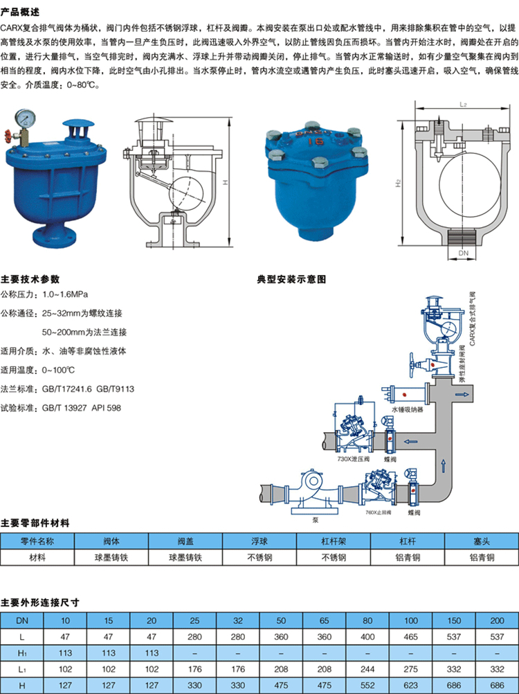 CARX-10/16法兰复合式清水自动进排气阀福建唐工复合式排气阀DN50