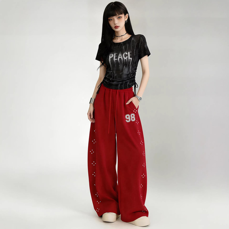 American Retro Red Pants for Women, Summer Thin Style, Jazz Dance Wear, Plus Size, High-Waisted, Rhinestone Wide-Leg Pants, Loose Fit, Curved Pants