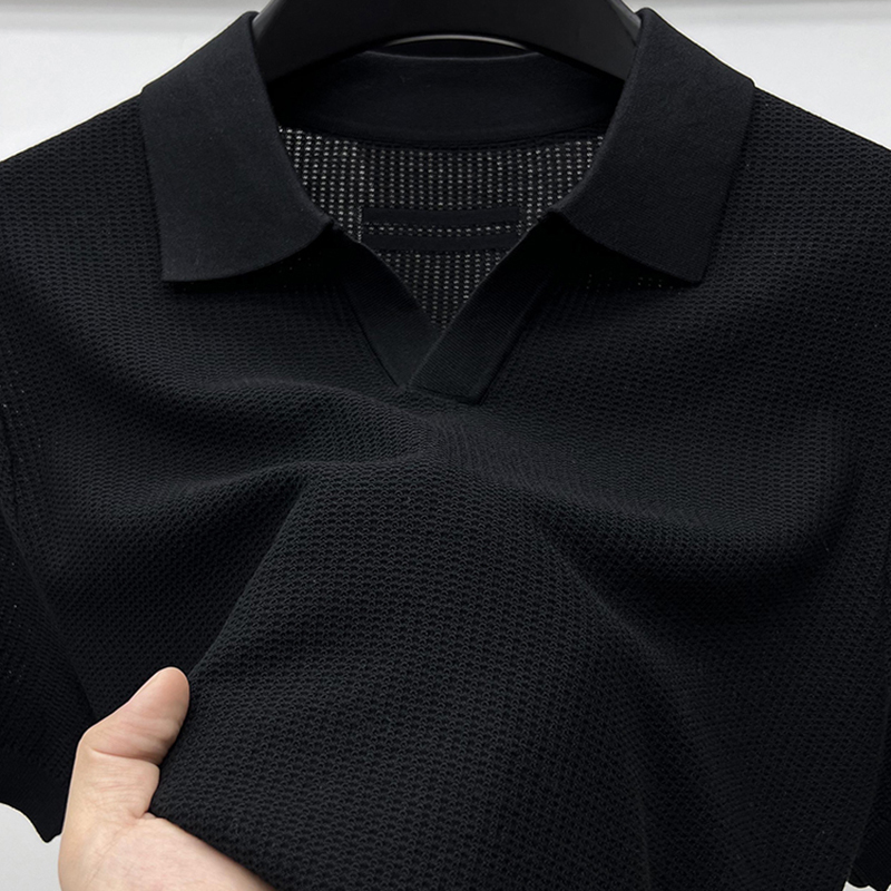 Men's Knit Short-Sleeve T-Shirt with a Seagull Collar, High-End Mulberry Silk Half-Sleeve Polo Shirt, Tencel Cotton Thin T-Shirt