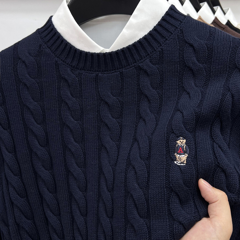 【Bear Embroidery】Winter Fashion Twisted Pure Cotton Sweater for Men, Round Neck, Three-Strand Heavy Thickened Youth Knitwear