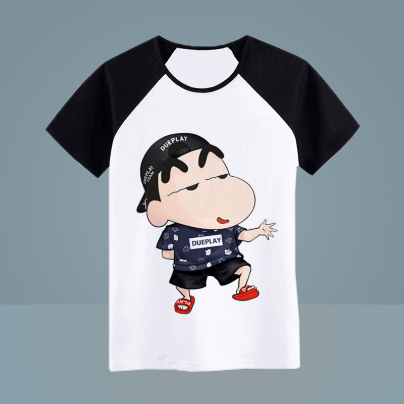 Crayon những người yêu thích phim hoạt hình mùa hè ngắn tay lỏng lẻo đàn ông kích thước lớn và phụ nữ sinh ở trẻ em ngoại vi hoạt hình quần áo Q sticker đơn giản