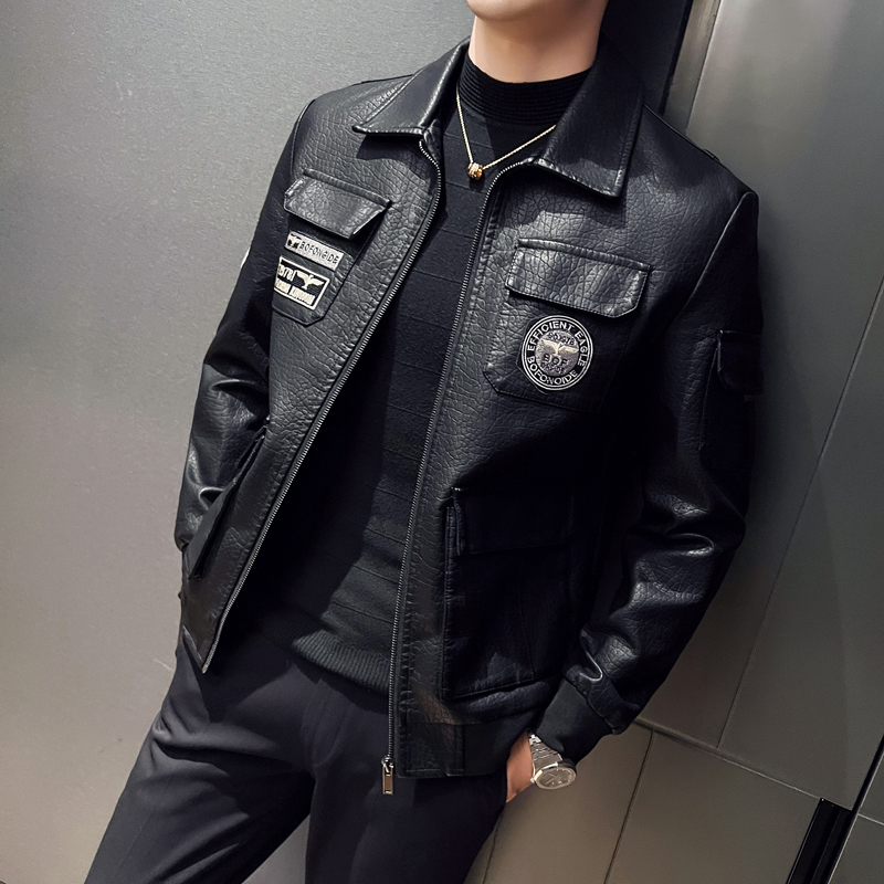 2025 Spring and Autumn New Military Style Pilot Leather Jacket Men's Large Size Slim Fit Lapel Embroidered Men's Leather Jacket