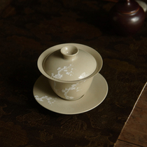 sus daily) hand-painted embossed plum blossom Thin tire grass ash glaze three-top bowl bottom bottom tea bowl