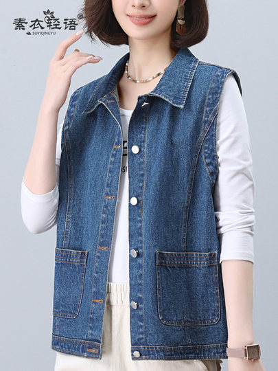 休闲全棉牛仔马甲女宽松短款背心2025春秋新款中年妈妈大码马夹潮