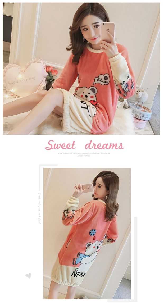 Phiên bản Hàn Quốc của nhung san hô mùa thu và mùa đông váy ngủ nữ dài phần flannel ấm áp dễ thương phim hoạt hình đồ ngủ học sinh nữ dày váy mặc nhà dễ thương