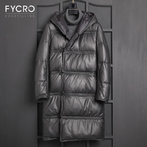 Haining leather leather mens sheep down jacket winter long hooded mens trend thick slim jacket