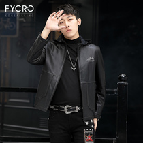 潮流男士头层小牛皮连帽皮夹克机车服短款时尚冬季皮衣外套修身男